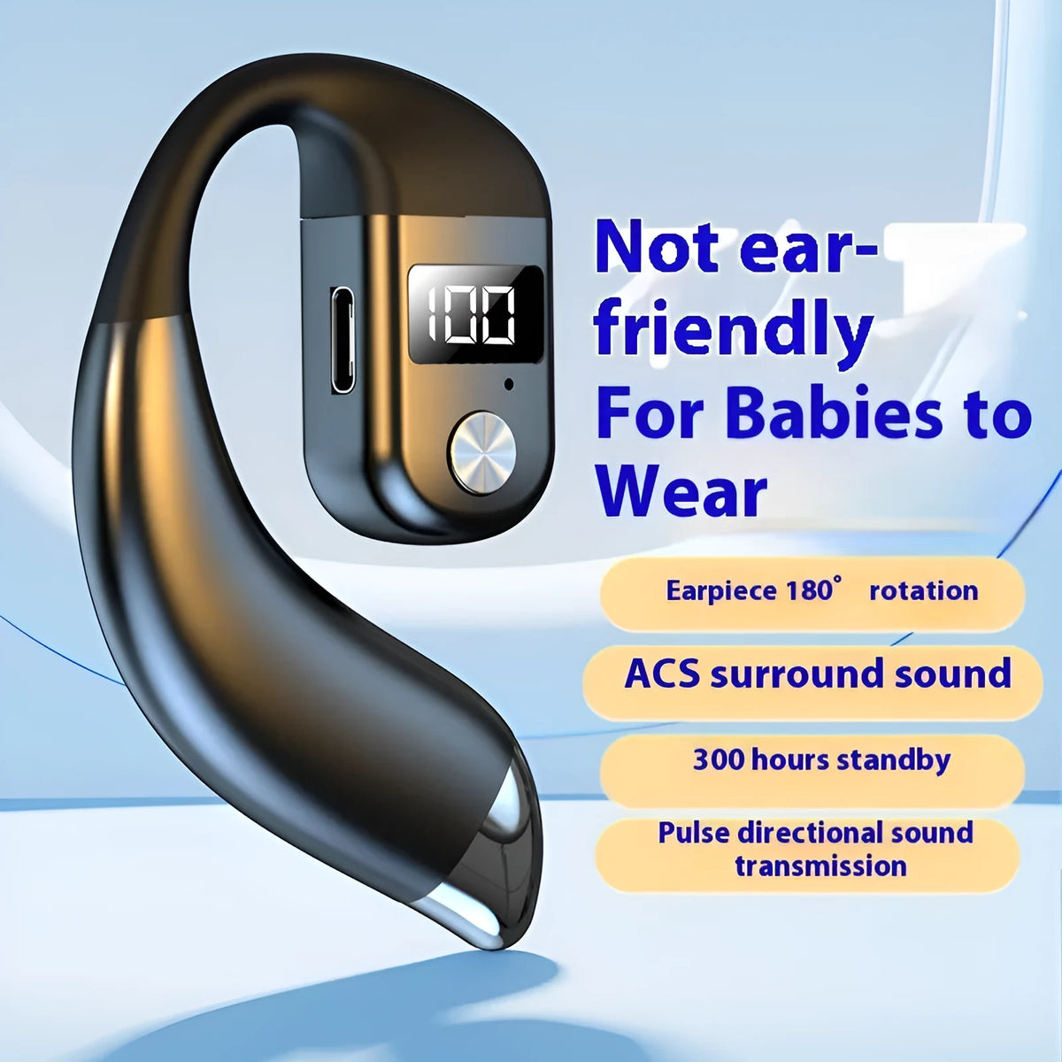 Digital display Bluetooth earphone, over the ear single ear design, black or blue, ABS waterproof body
