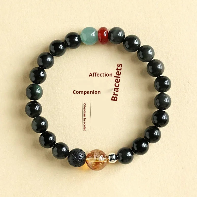 Chinese-style obsidian yellow tower crystal agate jade couple bracelet with 8mm or 10mm bead options
