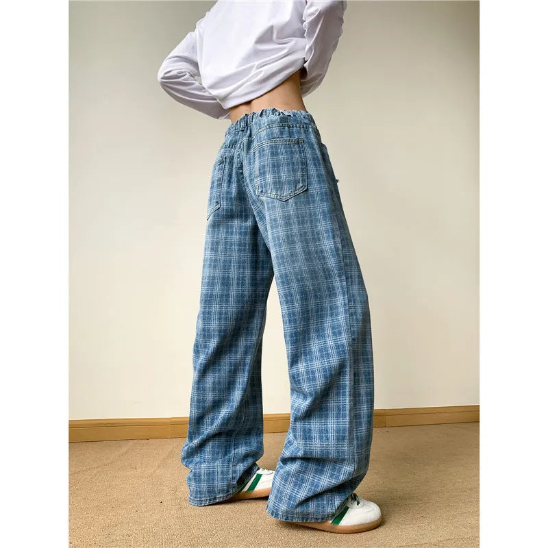 Retro blue plaid wide-leg skinny jeans showing straight-leg cut and zip fly