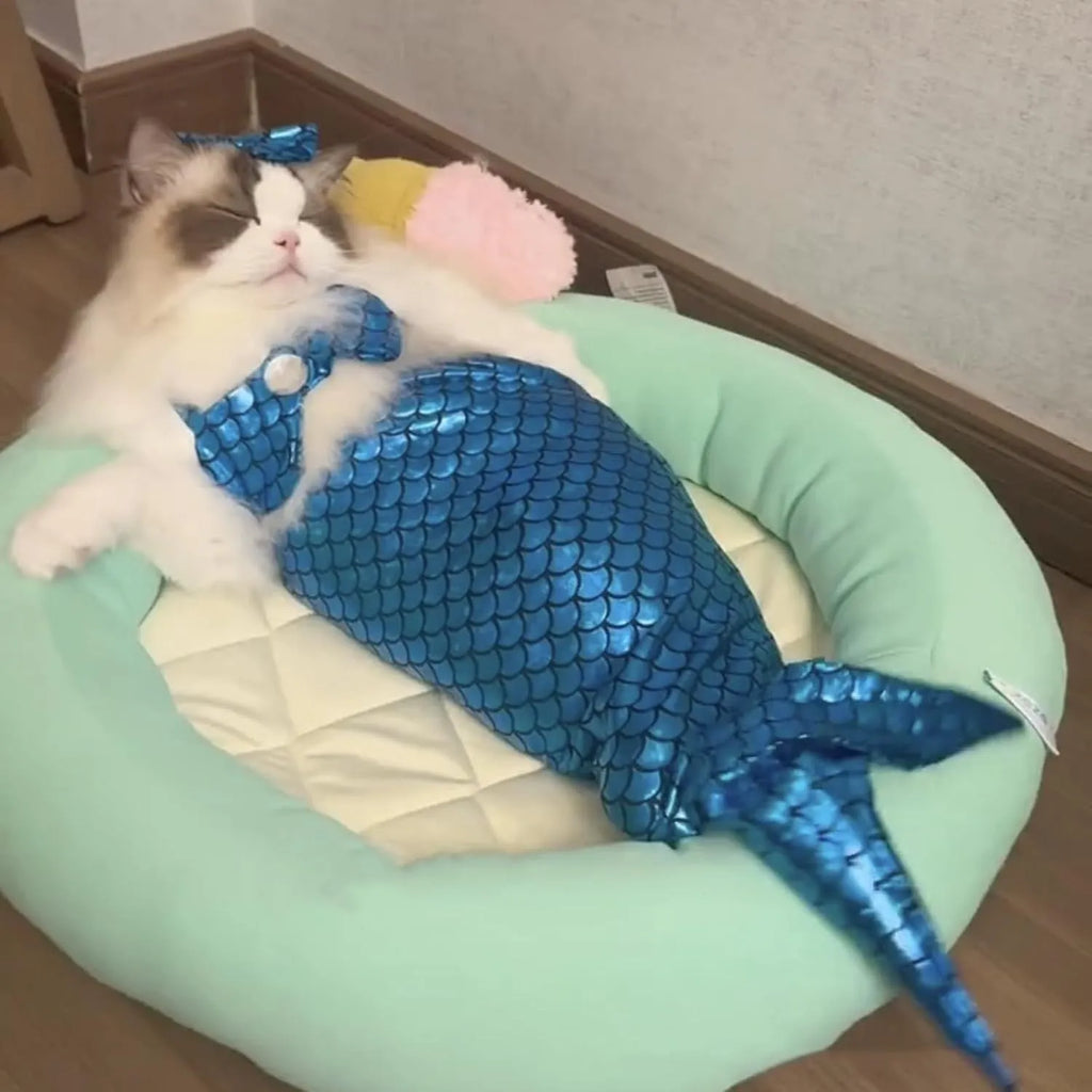 Blue pet mermaid costume with scale pattern and fish tail on a small cat.