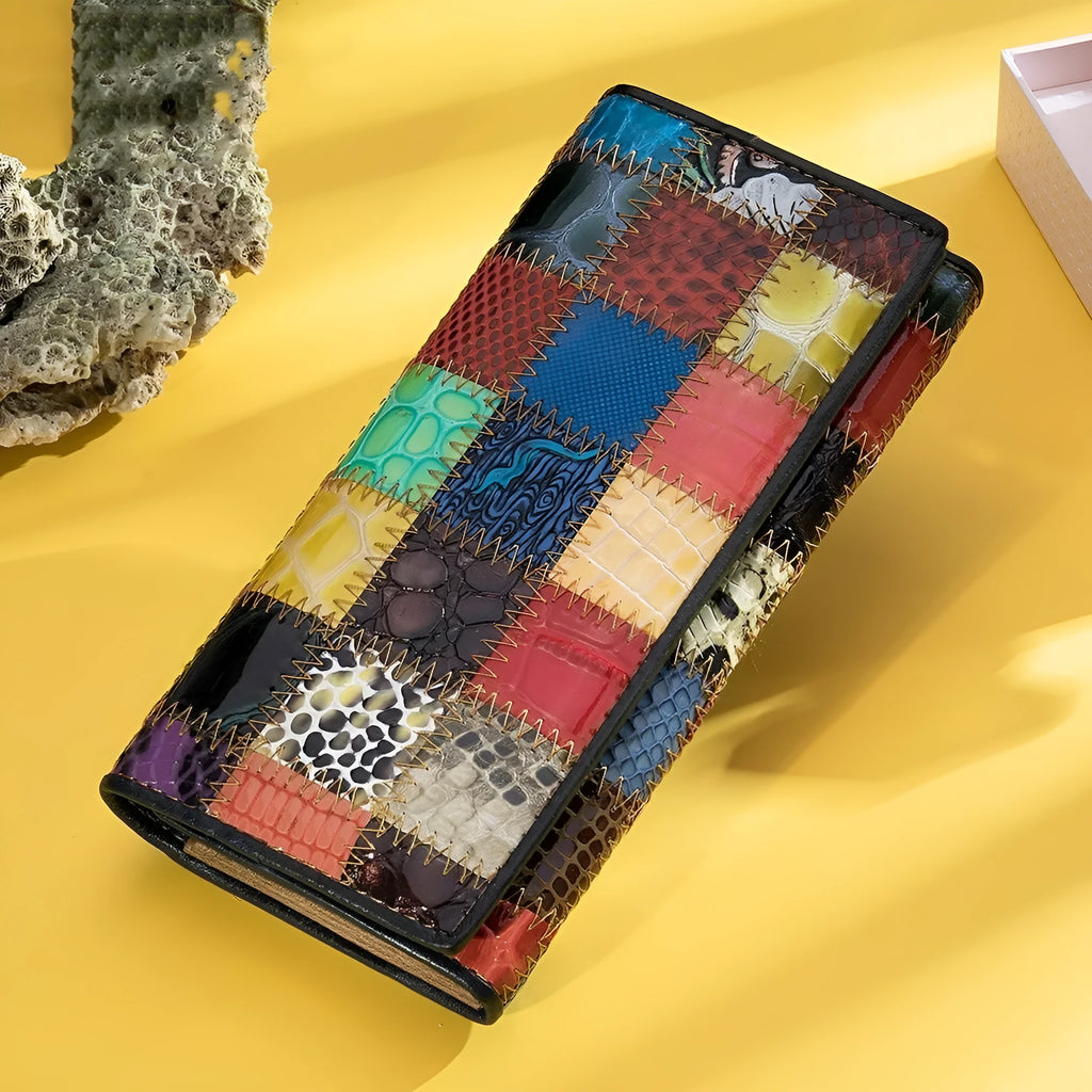 Women's first-layer cowhide geometric pattern splicing wallet in 4131 diamond colour