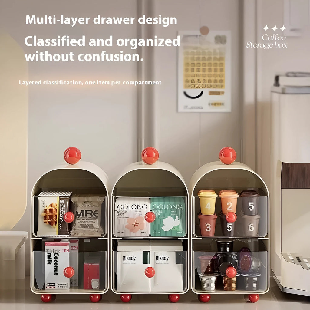 Large capacity clear plastic storage box in milky white and red for office tea room, drawer design