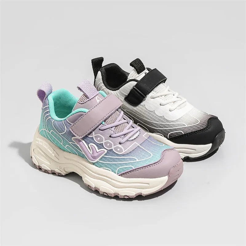 Children's black and purple stripe lace-up trainers with mesh fabric upper and rubber sole.