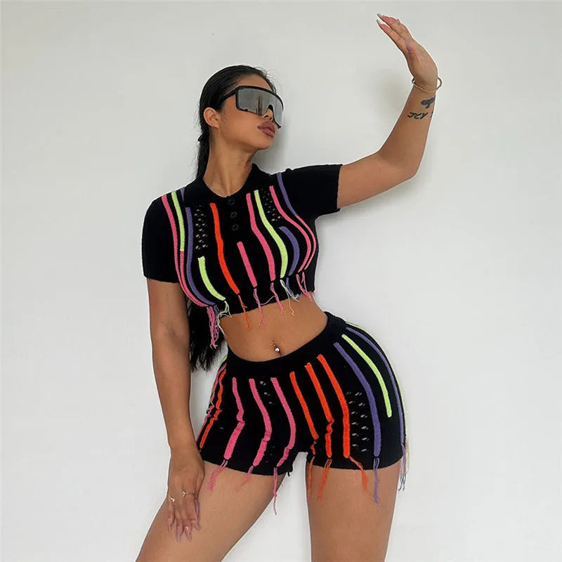 Black women's high waist sheath slim fit suit set with sleeveless top and shorts in polyester fiber