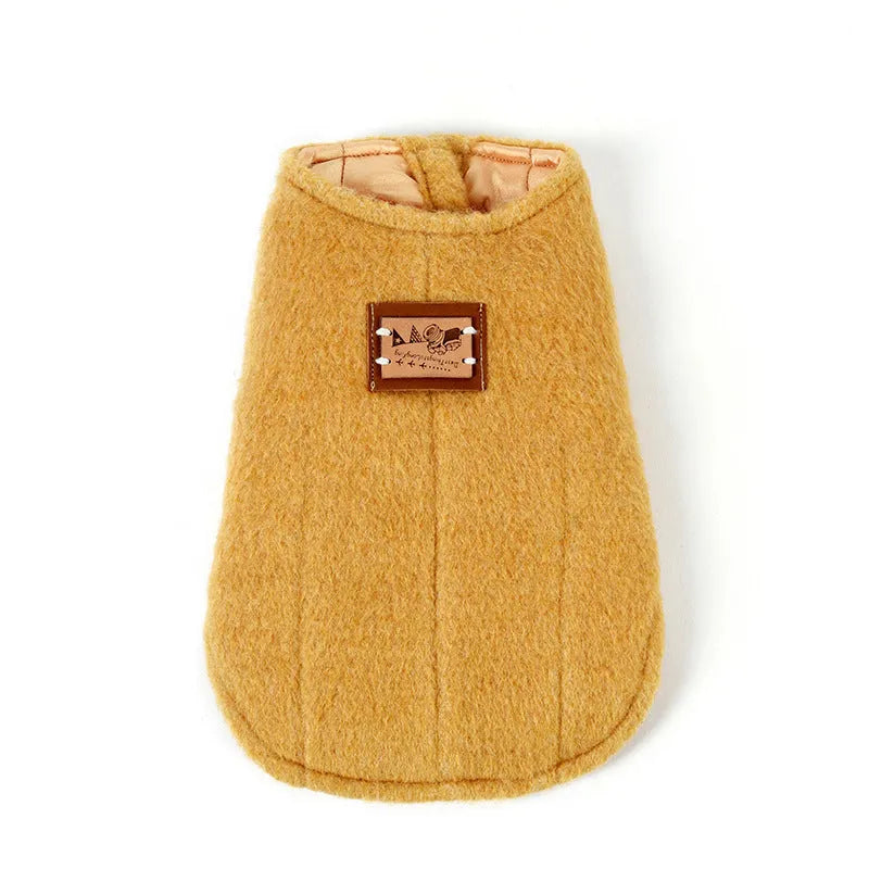 Small dog wearing blue Korean cashmere vest style cotton clothing for autumn and winter