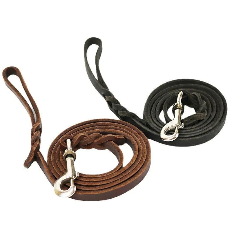 Cowhide leather dog walking rope in light brown or black, showing thickened 1.2cm width and length options for large breeds