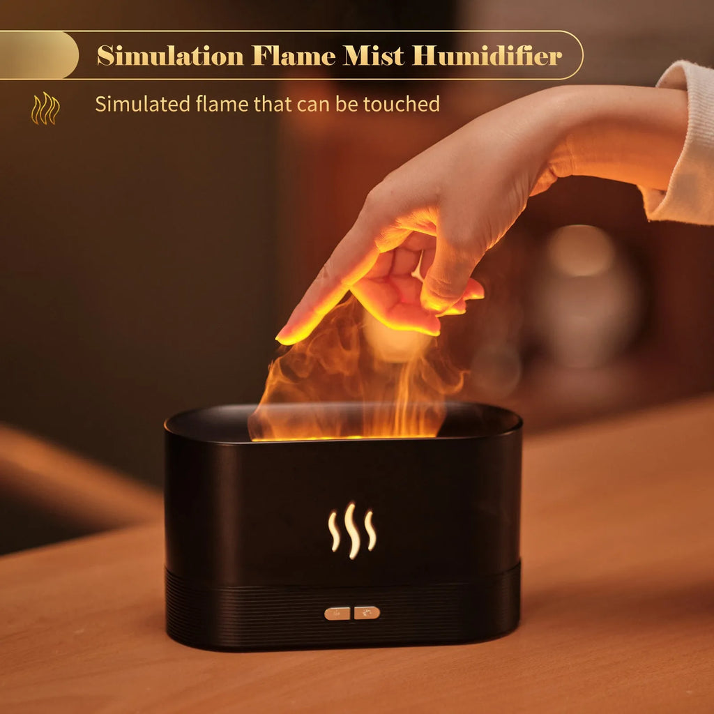 Square black ultrasonic aroma diffuser with flame effect lighting and water tank