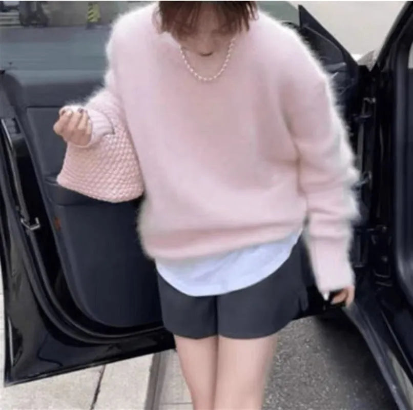 Women's Mohair lazy loose pullover sweater in solid colour, long sleeves, polyester blend, front view