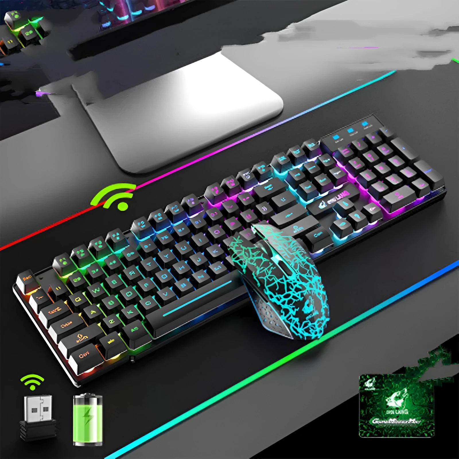 T3 wireless keyboard and mouse set in black with rainbow backlighting