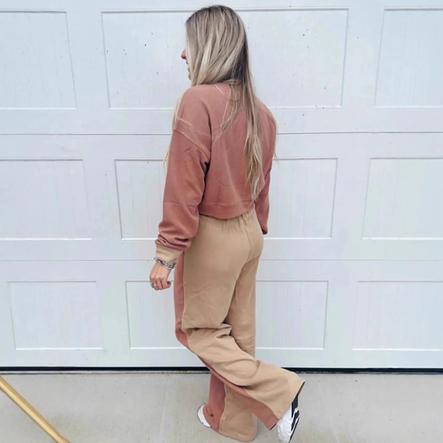 Women's camel colour cotton lounge set with matching top and trousers