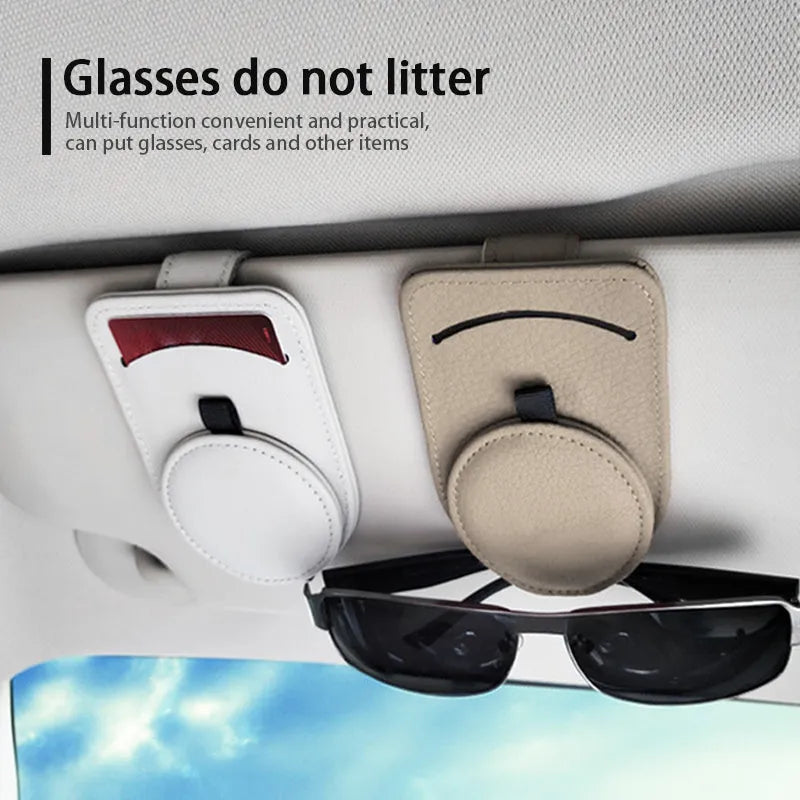 Car glasses holder on sun visor holding sunglasses with card slot visible – 11x7 cm resin and leather design