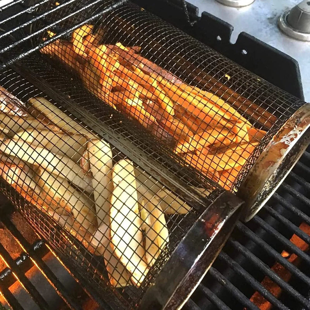 Stainless steel cylindrical rolling barbecue basket with wire mesh for grilling vegetables and meat.