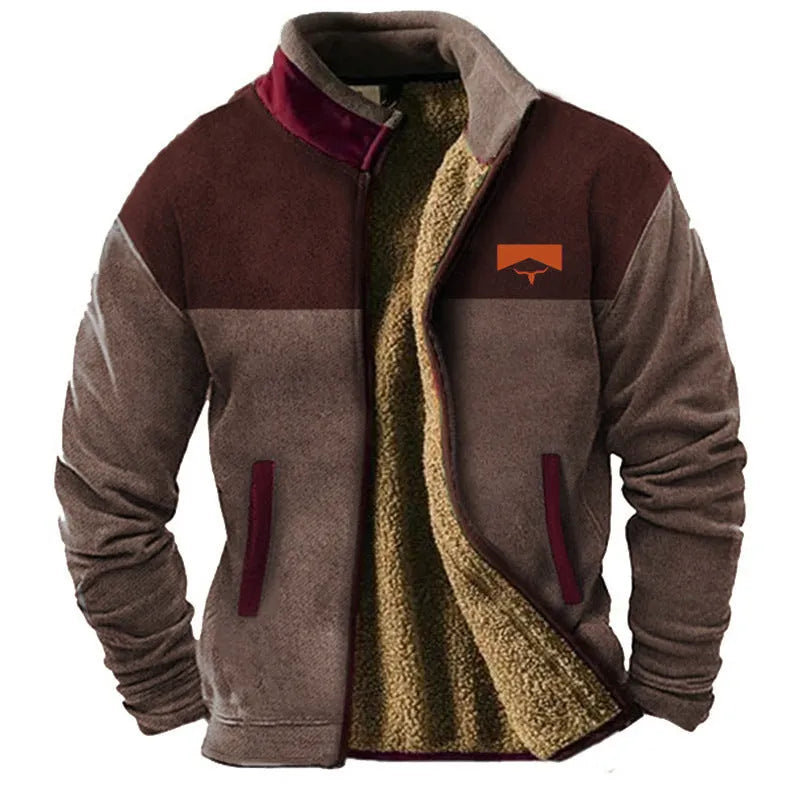 Men's green padded polyester coat with a fleece lining, shown on a hanger.