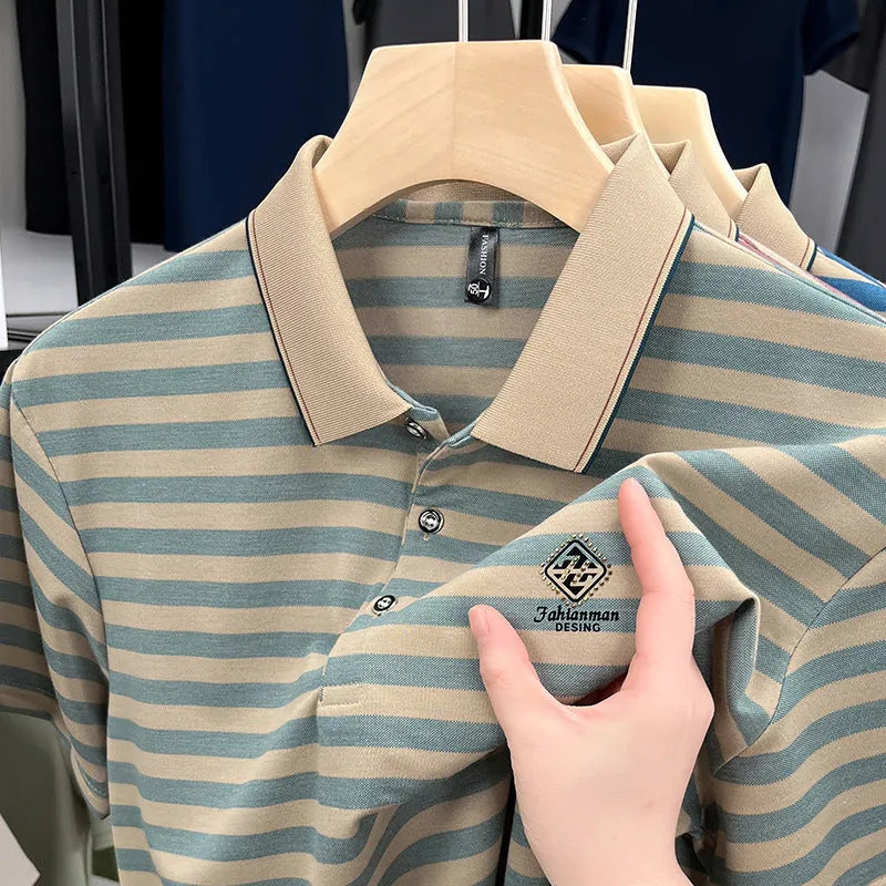 A man wearing a blue mosaic striped short sleeve polyester t-shirt, showcasing the casual fit.