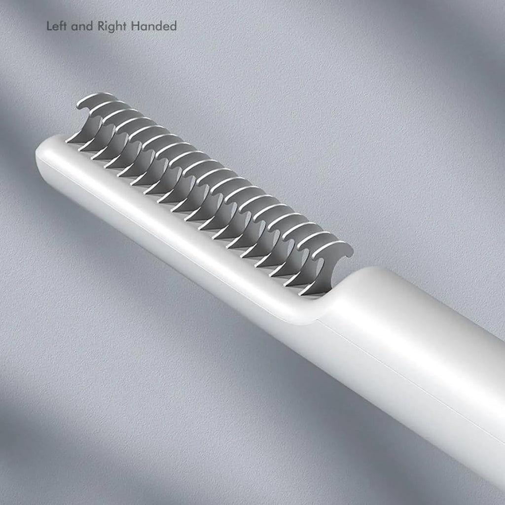 Pink and white stainless steel dog dematting comb with 18.8 cm handle for removing hair knots.