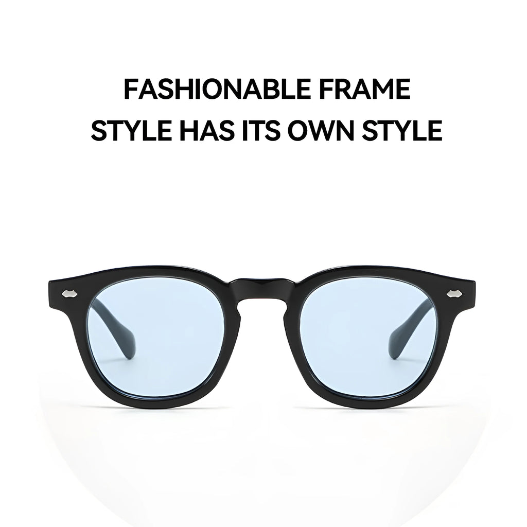 Round rim retro sunglasses with plastic frame on a solid background.