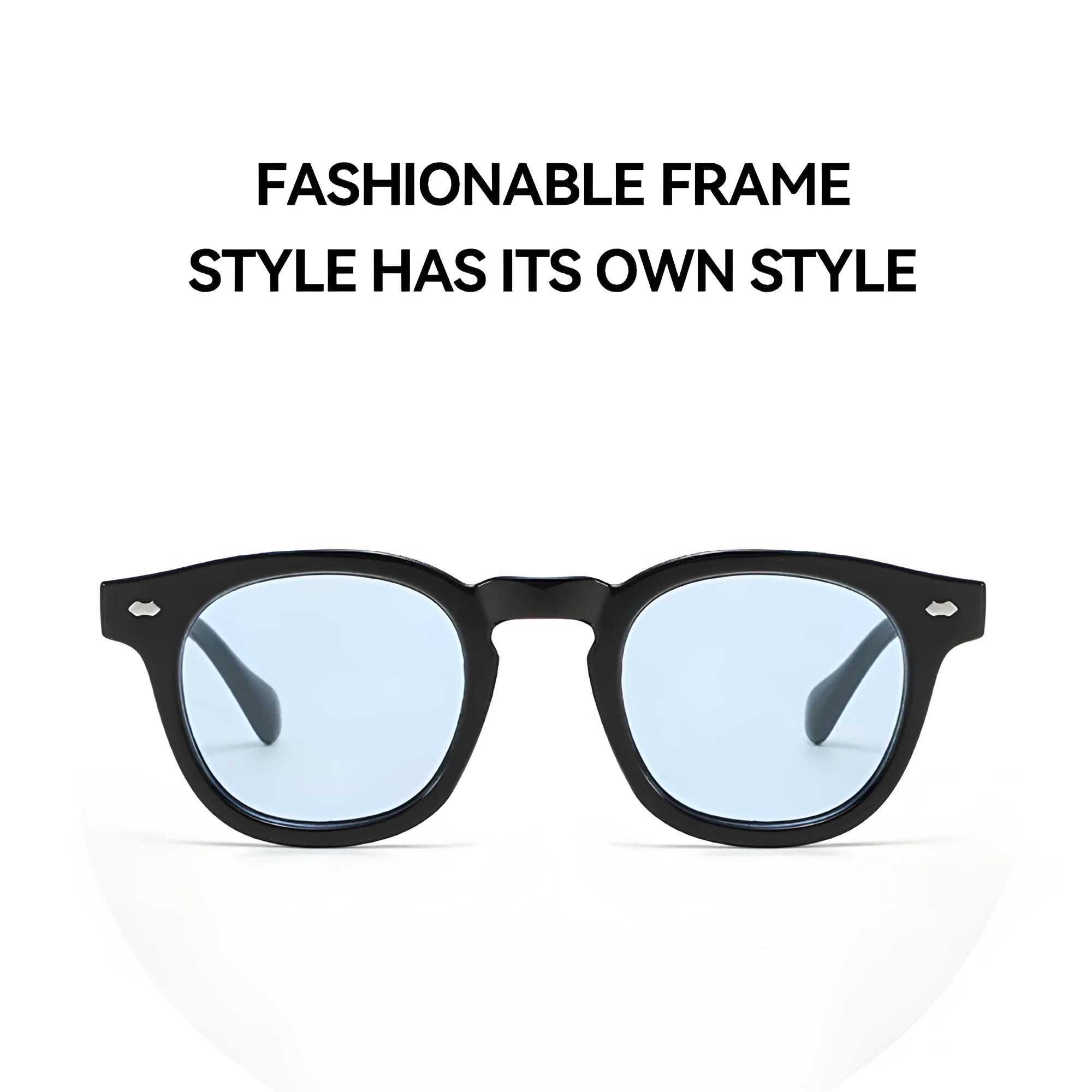 Round rim retro sunglasses with plastic frame on a solid background.