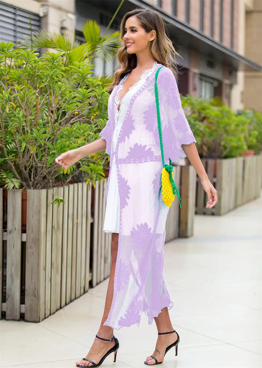 Light purple women's beach cover-up dress with cotton lining for swimming and beachwear