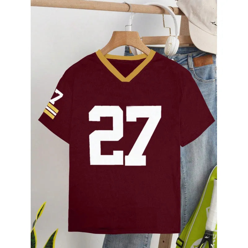 Red loose fit cotton t-shirt with digital letter printing and short sleeves