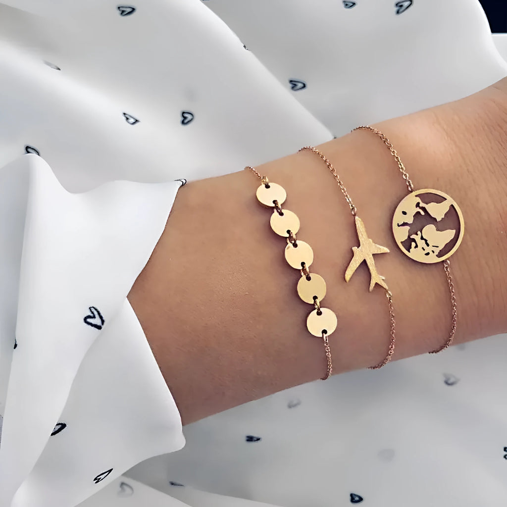 Three bohemian bracelets with heart-shaped aircraft map charms in sku2104 colour