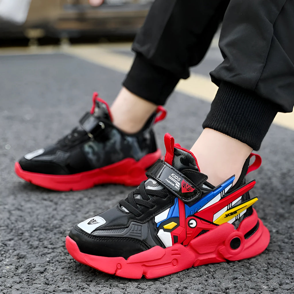 Children's leather surface Velcro running shoes with cartoon pattern in yellow, black red, and lake blue colours
