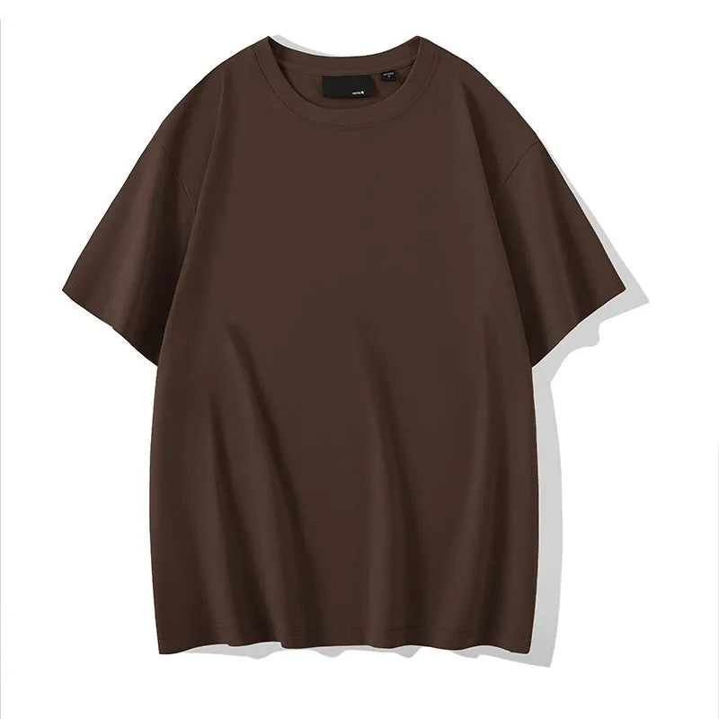 Cotton round neck T-shirt with drop-shoulder sleeves in solid colour options