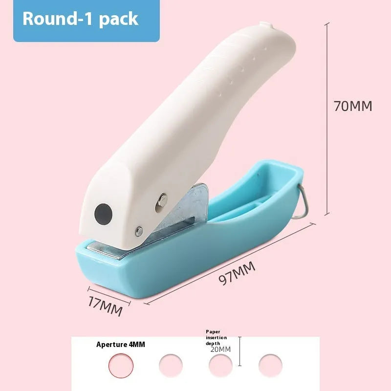 Small manual handheld punching machine with embossed love, star, and round shape cutters for paper crafts.