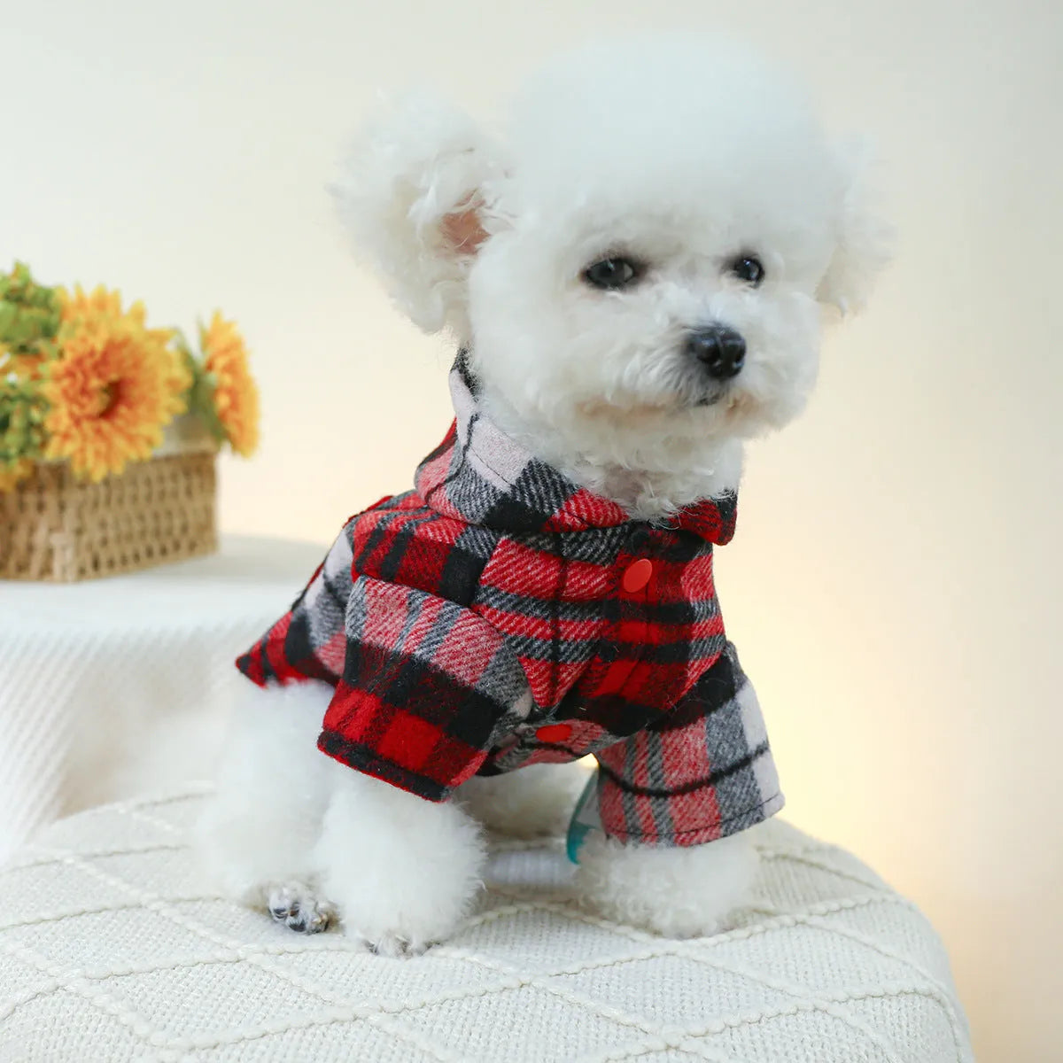 Red plaid dog trench coat for autumn and winter warmth in casual pet clothing style
