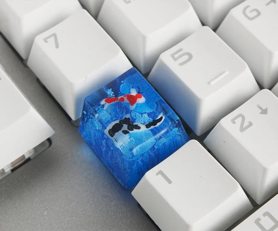 Clear resin keycap with koi fish and scenic pond design for Cherry MX mechanical keyboard