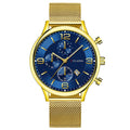 Men's gold shell quartz watch with black dial and mesh alloy strap on a white background