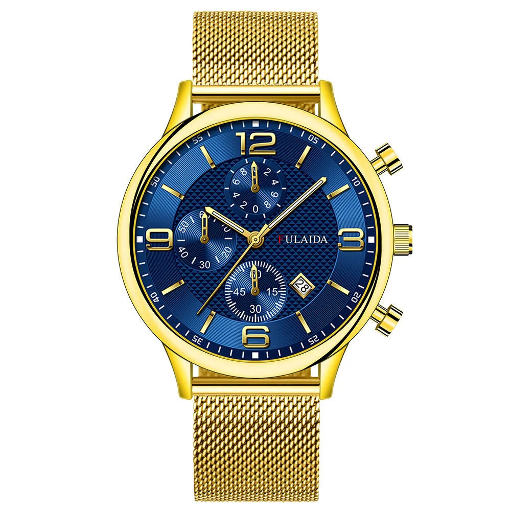 Men's gold shell quartz watch with black dial and mesh alloy strap on a white background