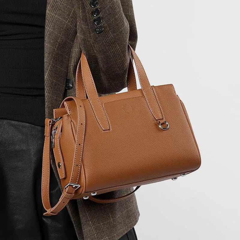 Genuine cowhide leather crossbody bag in horizontal square shape with shoulder strap