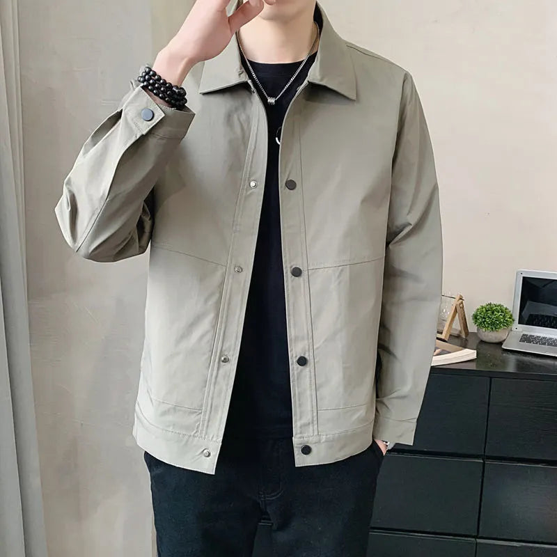 Men's thin Korean-style single-layer jacket in polyester, shown in light grey, featuring long sleeves and a stitched construction.