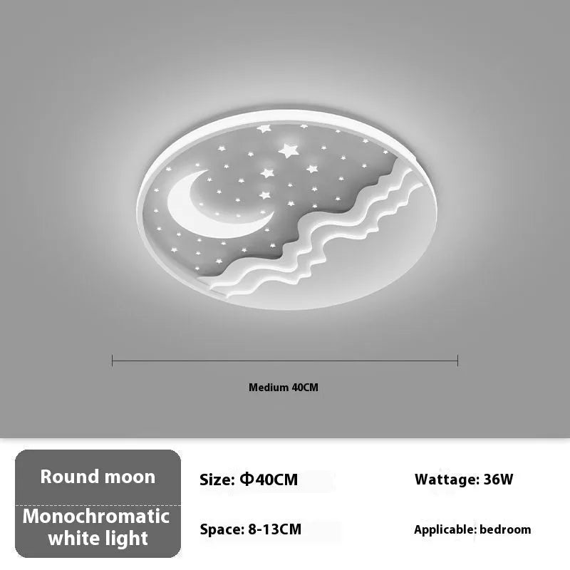 Moon-shaped romantic ceiling light for bedroom with wrought iron frame and acrylic panels