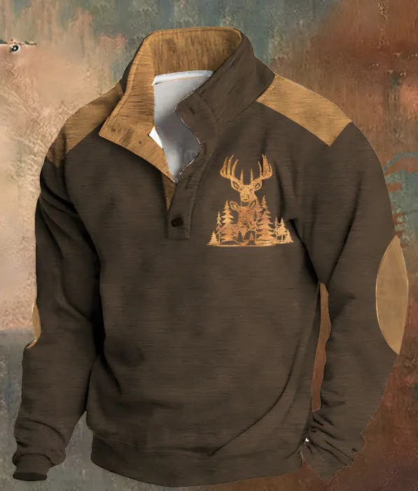 Long-sleeved loose fit grey sweater with a raised 3D geometric pattern and four-button front closure.