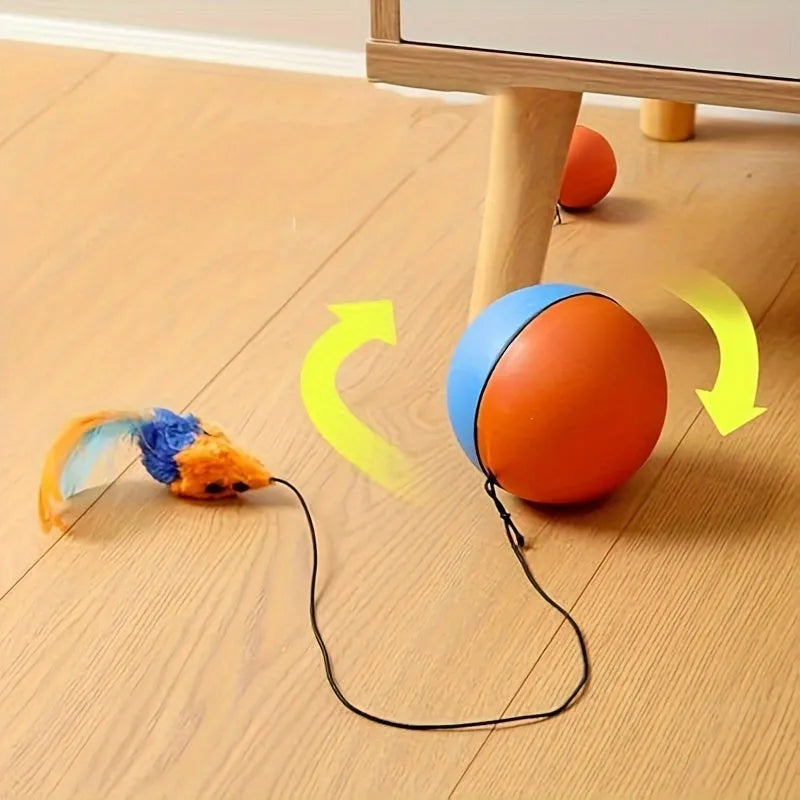 Interactive cat toy ball with plush mouse design measuring 8.5cm cube in grey and orange colour options