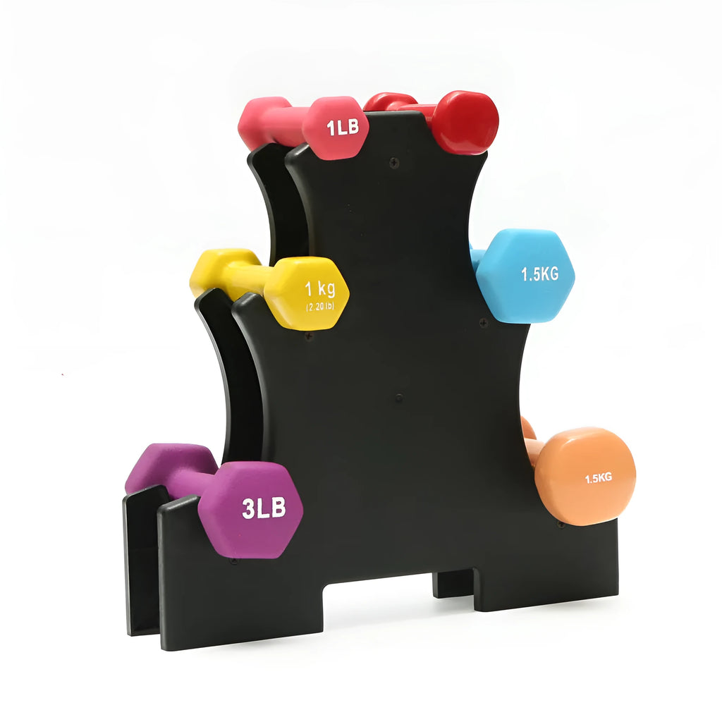 PVC dumbbell storage rack with a removable wall-mounting bracket on a white background.