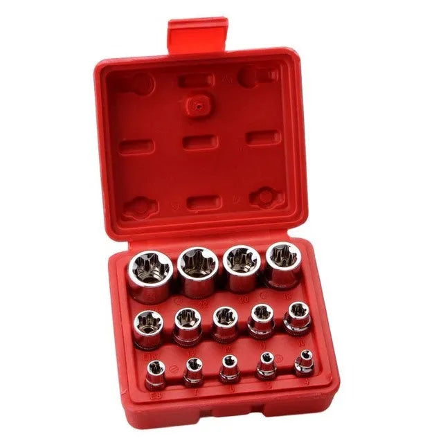 14-piece E-type socket combination tool set in red storage box with chrome vanadium steel construction