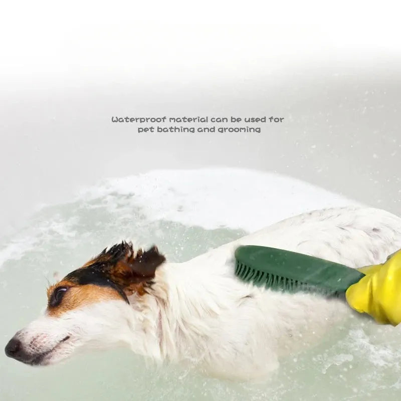 Green and pink dog brush with rubber bristles and pet hair remover function