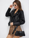 Women's black faux leather retro locomotive jacket with regular sleeves on a hanger.