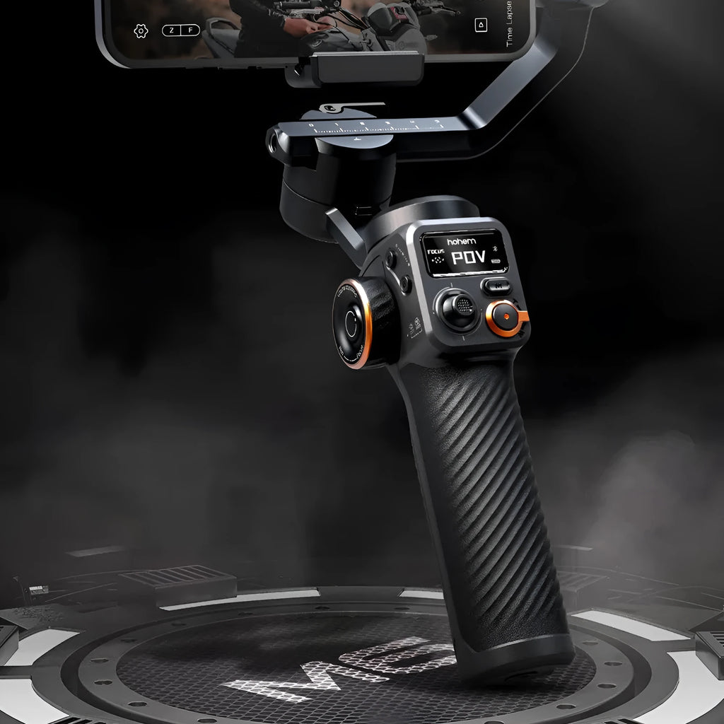 Black smartphone gimbal stabiliser with AI fill light and tripod on a table