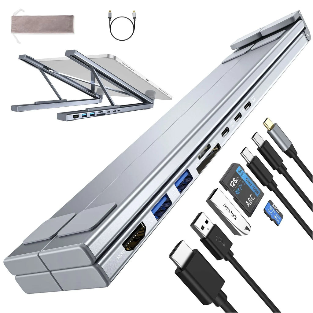 Aluminium multi-interface laptop docking station with folding stand and 0.6m cable.