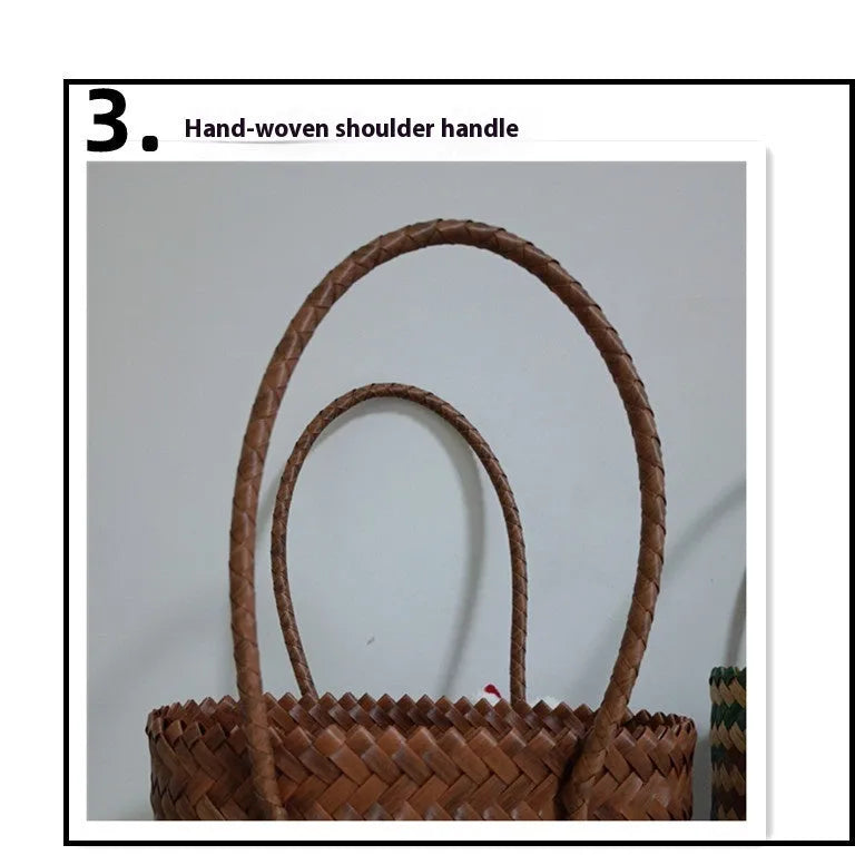 Bamboo handle woven basket handbag with dog design, large capacity PVC travel tote.