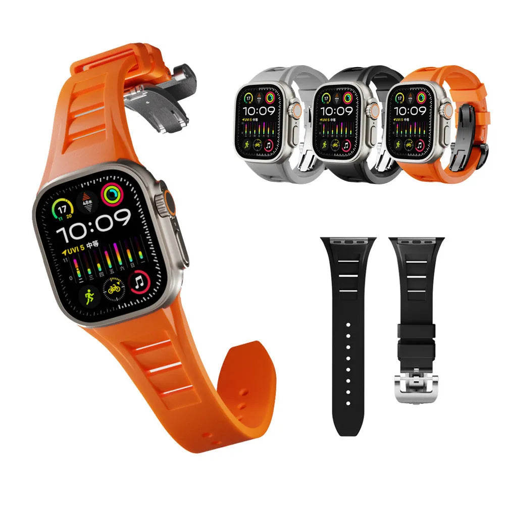 Apple Watch liquid silicone strap replacement with silver buckle in black colour for 42mm 44mm 45mm 49mm
