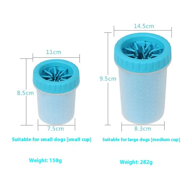 Blue silicone and plastic dog foot washing barrel with drainage hole for muddy paws
