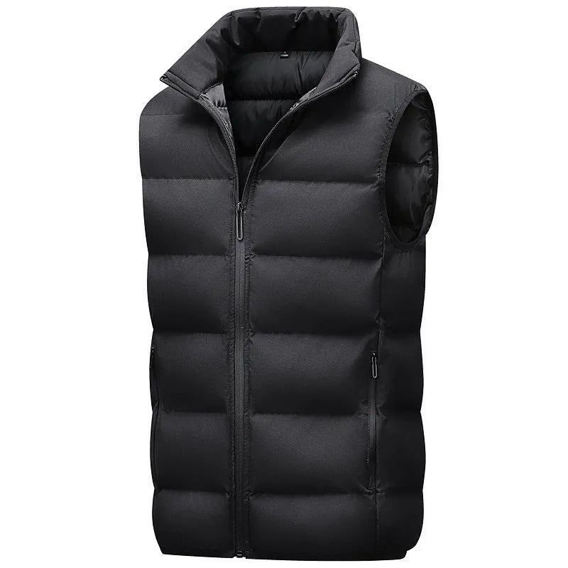 Men's casual breathable polyester waterproof vest in black, front view, straight hem design