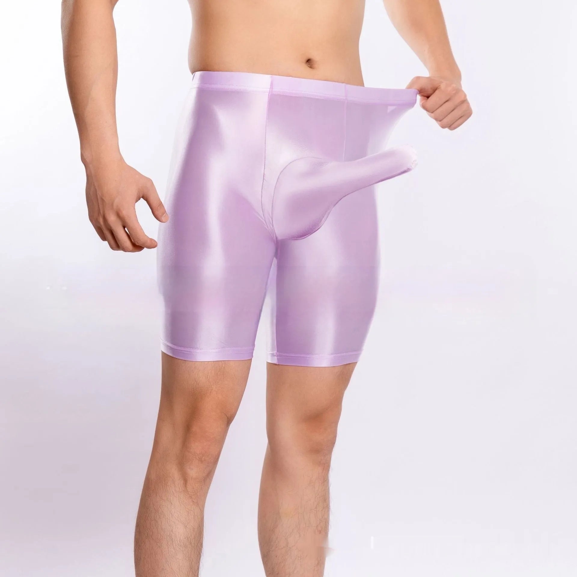 Men's plus size shiny Nylon sports shorts in multiple colours on a hanger.