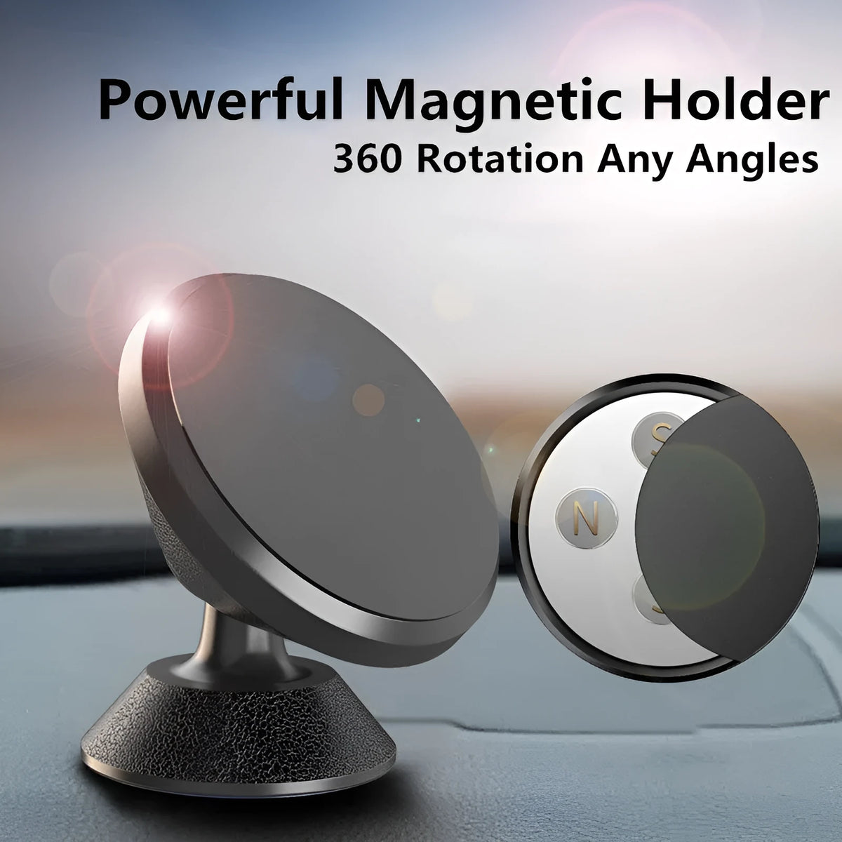 Black universal magnetic car phone holder with air vent mount, leather bracket, and CD pattern texture