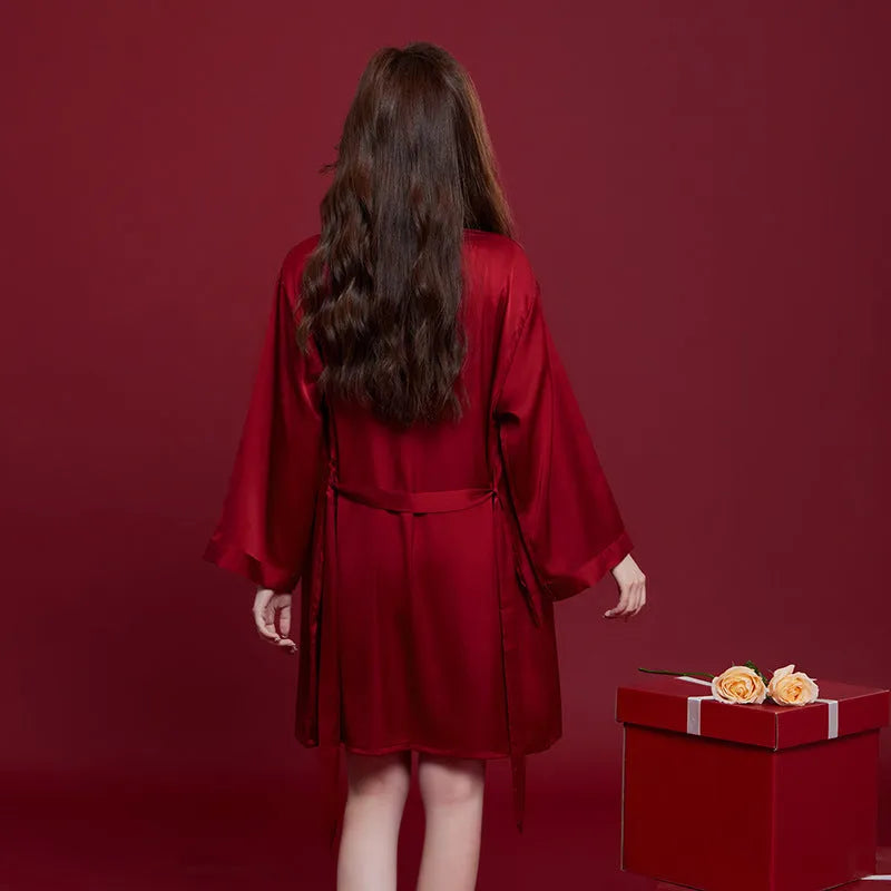 Red silk pyjama set for men and women with long sleeves and trouser length