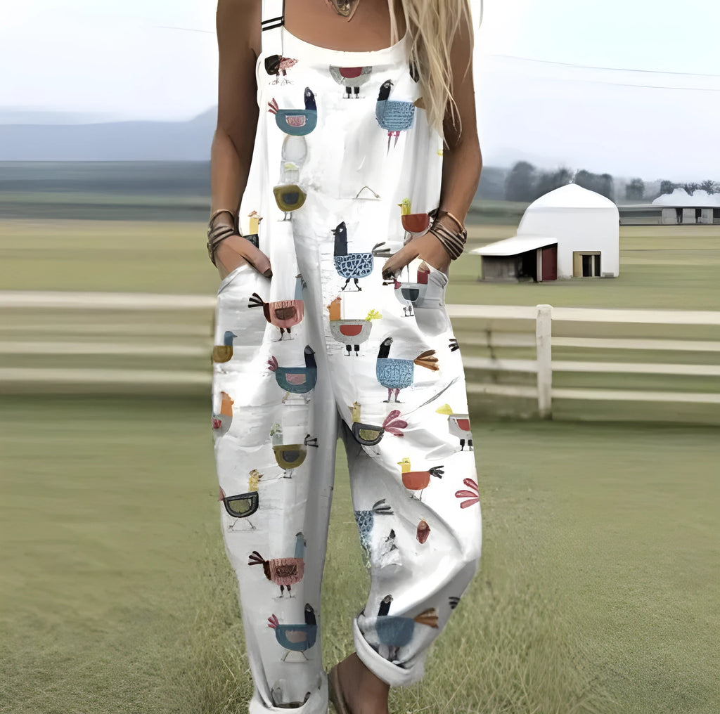 Women's digital print button suspender trousers, straight leg, mid waist, polyester, sizes S-5XL
